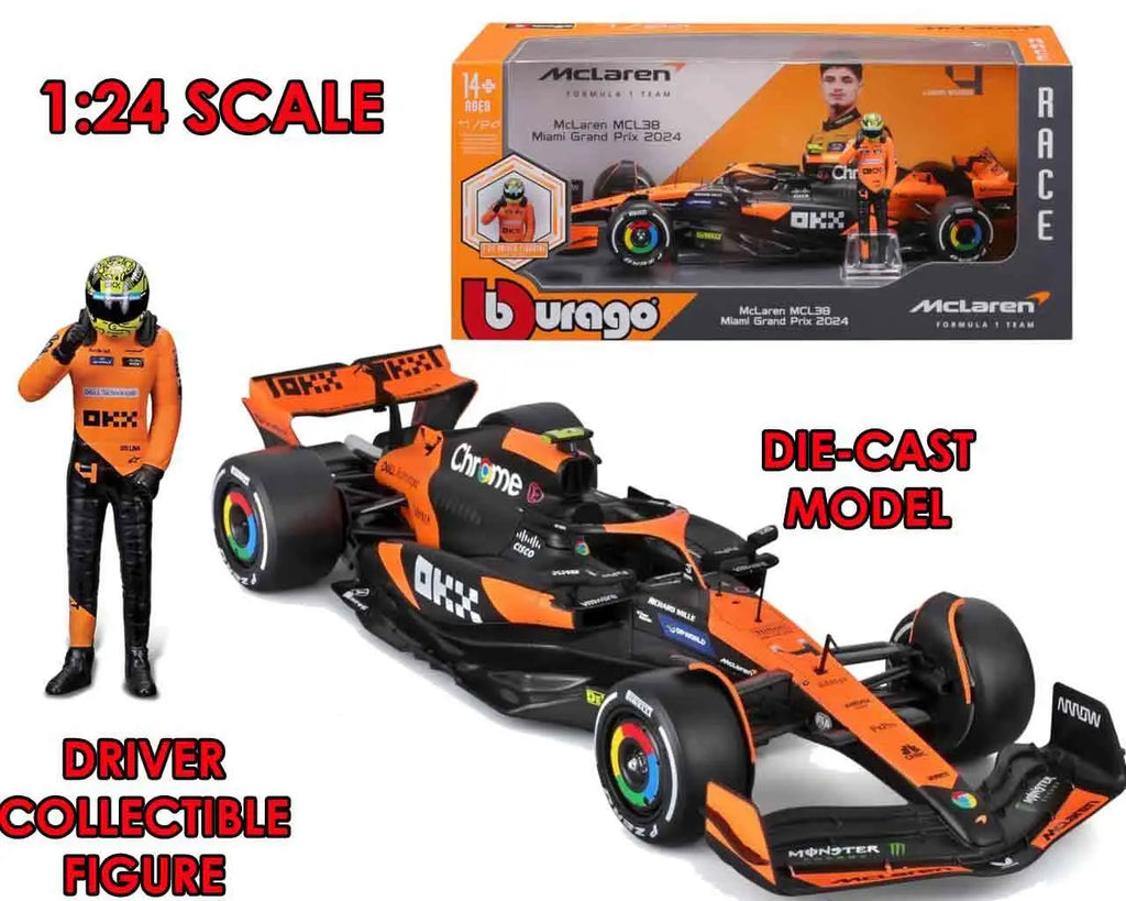 F1 MC LAREN MCL38 WITH NORRIS FIGURE - 1:24 DIE-CAST MODEL BBURAGO
