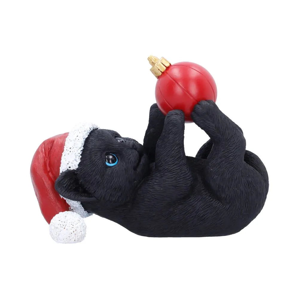 BLACK CAT IN SANTA HAT PLAYING WITH BAUBLE FIGURE NEMESIS NOW