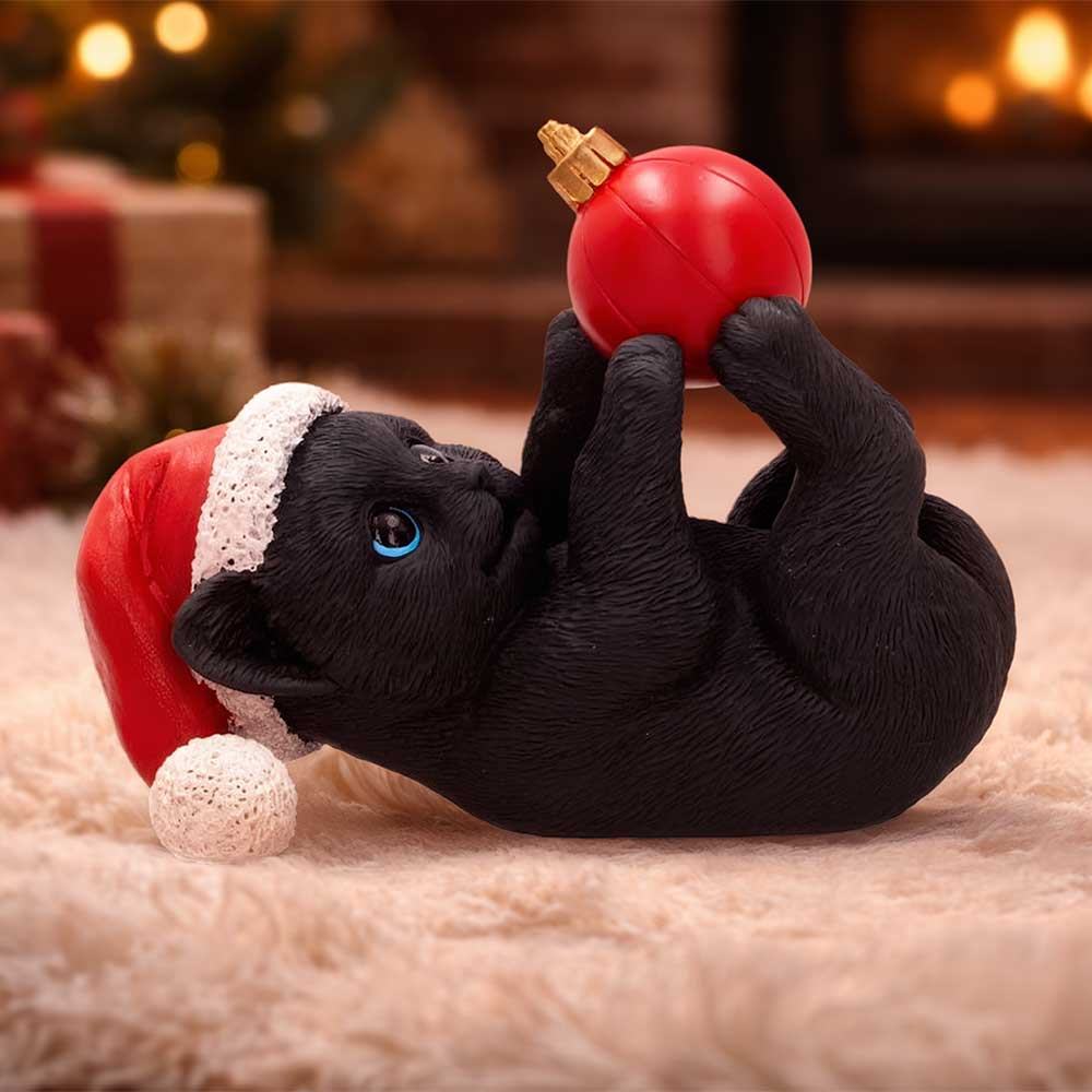 BLACK CAT IN SANTA HAT PLAYING WITH BAUBLE FIGURE NEMESIS NOW