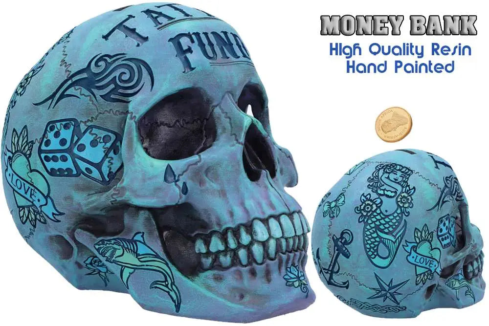 BLUE TATTOO SKULL MONEY BOX NEMESIS NOW