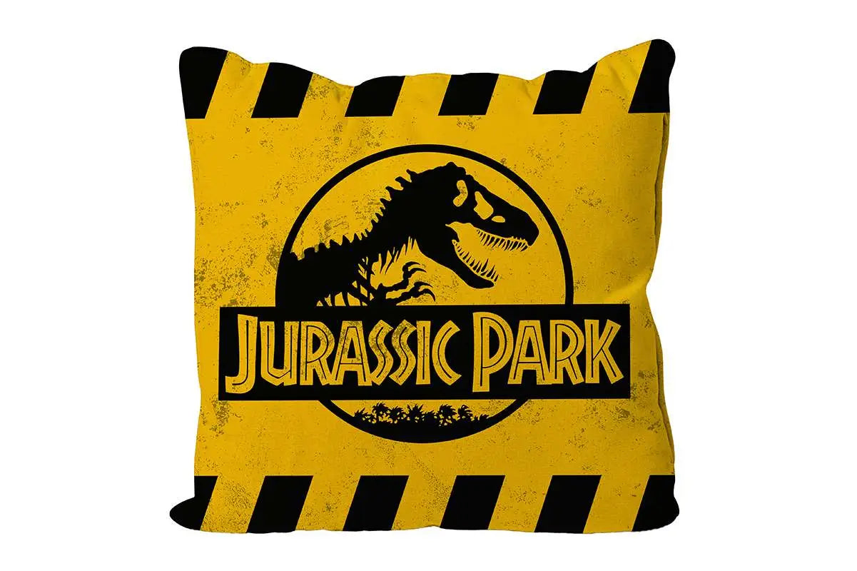 JURASSIC PARK CAUTION LOGO YELLOW SQUARE CUSHION VACUUM PACKAGING SD TOYS