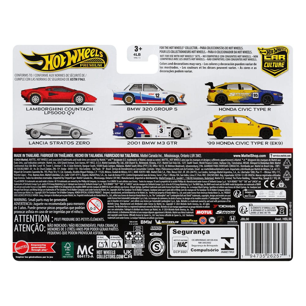 Hot Wheels Premium Car Culture Diecast Vehicle 2 Pack 1/64 '99 Honda Civic Type R EK9 & Honda Civic Type R Mattel