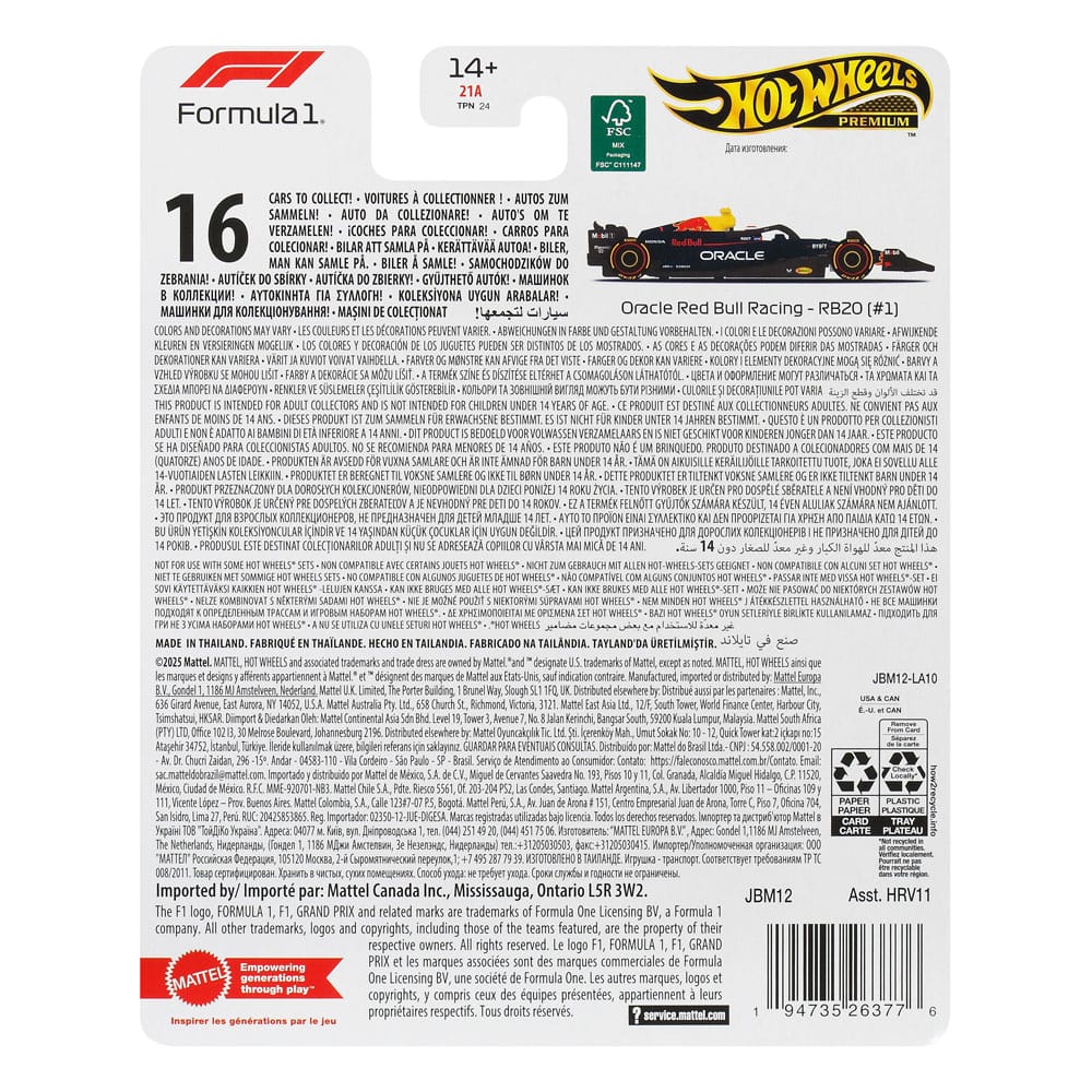 Formula 1 Hot Wheels Premium Diecast Vehicle 1/64 Oracle Red Bull Racing RB20 #1 Max Verstappen 2024 Mattel