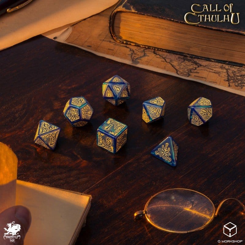 Call of Cthulhu 7th Edition Dice Set of 7 Blue green & Gold Q Workshop