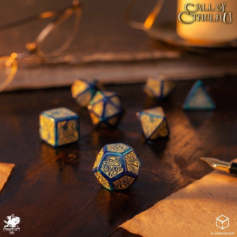 Call of Cthulhu 7th Edition Dice Set of 7 Blue green & Gold Q Workshop
