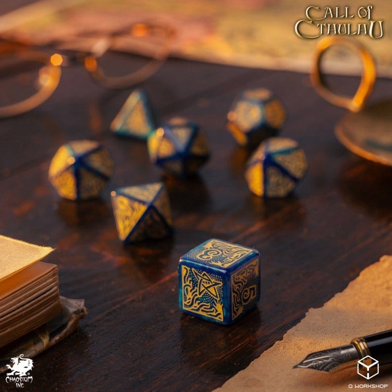 Call of Cthulhu 7th Edition Dice Set of 7 Blue green & Gold Q Workshop