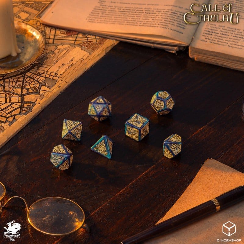 Call of Cthulhu 7th Edition Dice Set of 7 Blue green & Gold Q Workshop