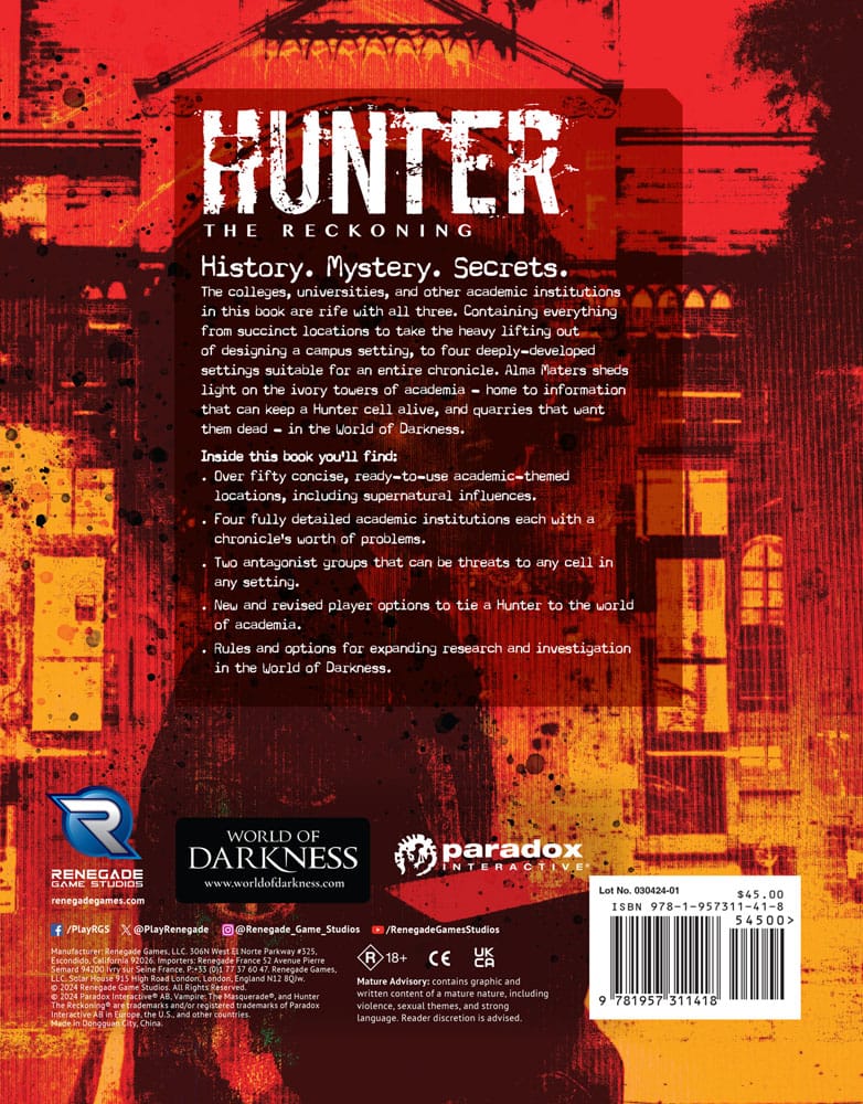 Hunter The Reckoning 5th Edition RPG book Alma Maters Sourcebook *Englische Version* Renegade