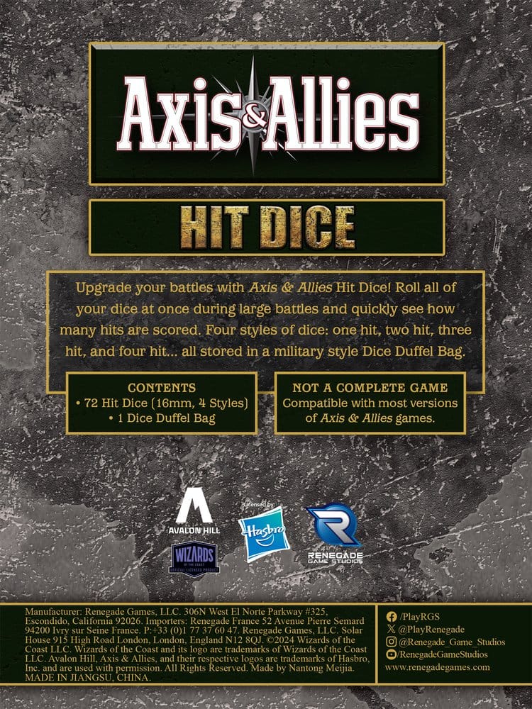 Avalon Hill board game Axis & Allies Hit Dice Extension Renegade