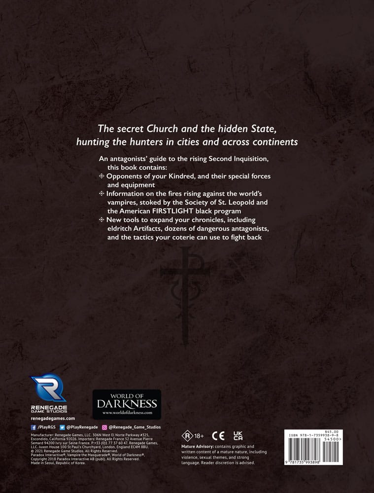 Vampire The Masquerade 5th Edition RPG book Second Inquisition *Englische Version* Renegade