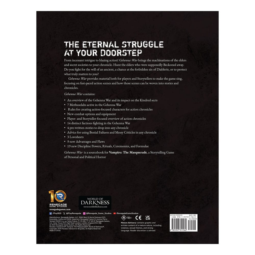 Vampire The Masquerade 5th Edition RPG book Gehenna War Sourcebook *Englische Version* Renegade