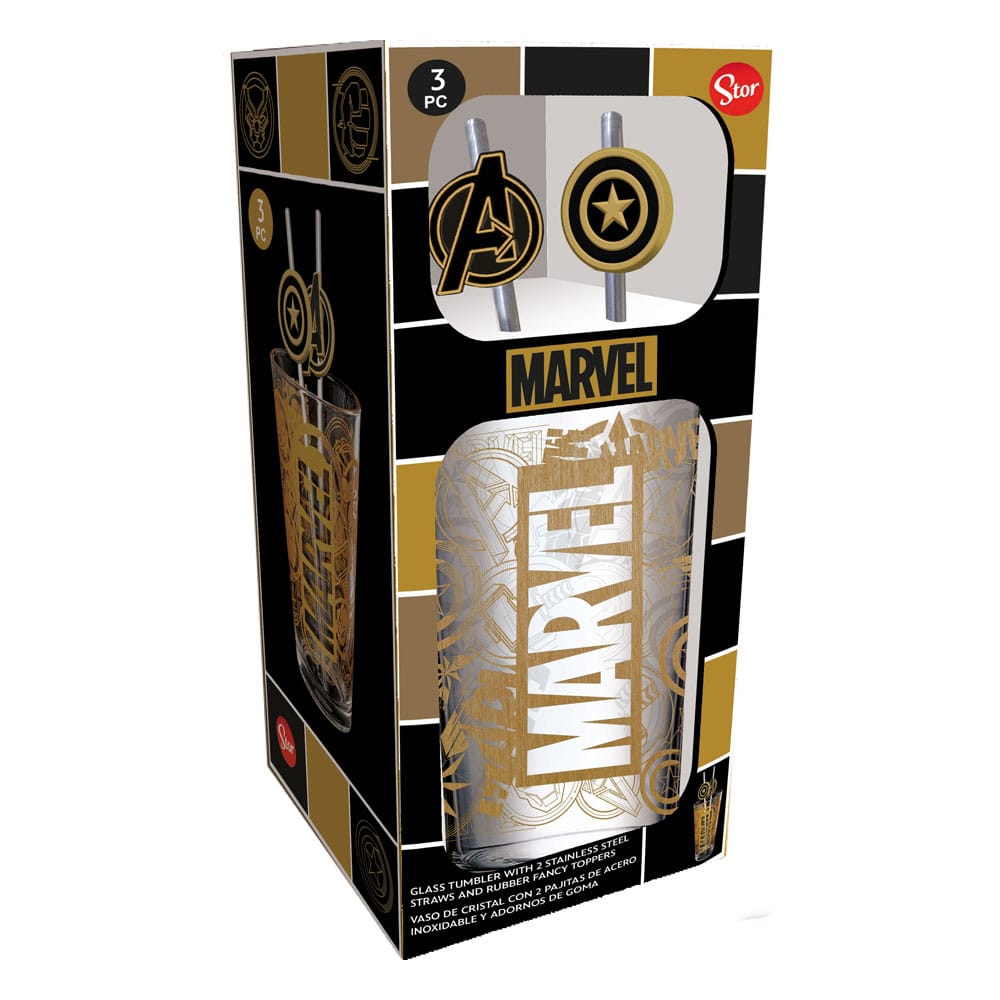 Marvel Glass Tumbler with Straws Logo & Avengers 485 ml Stor